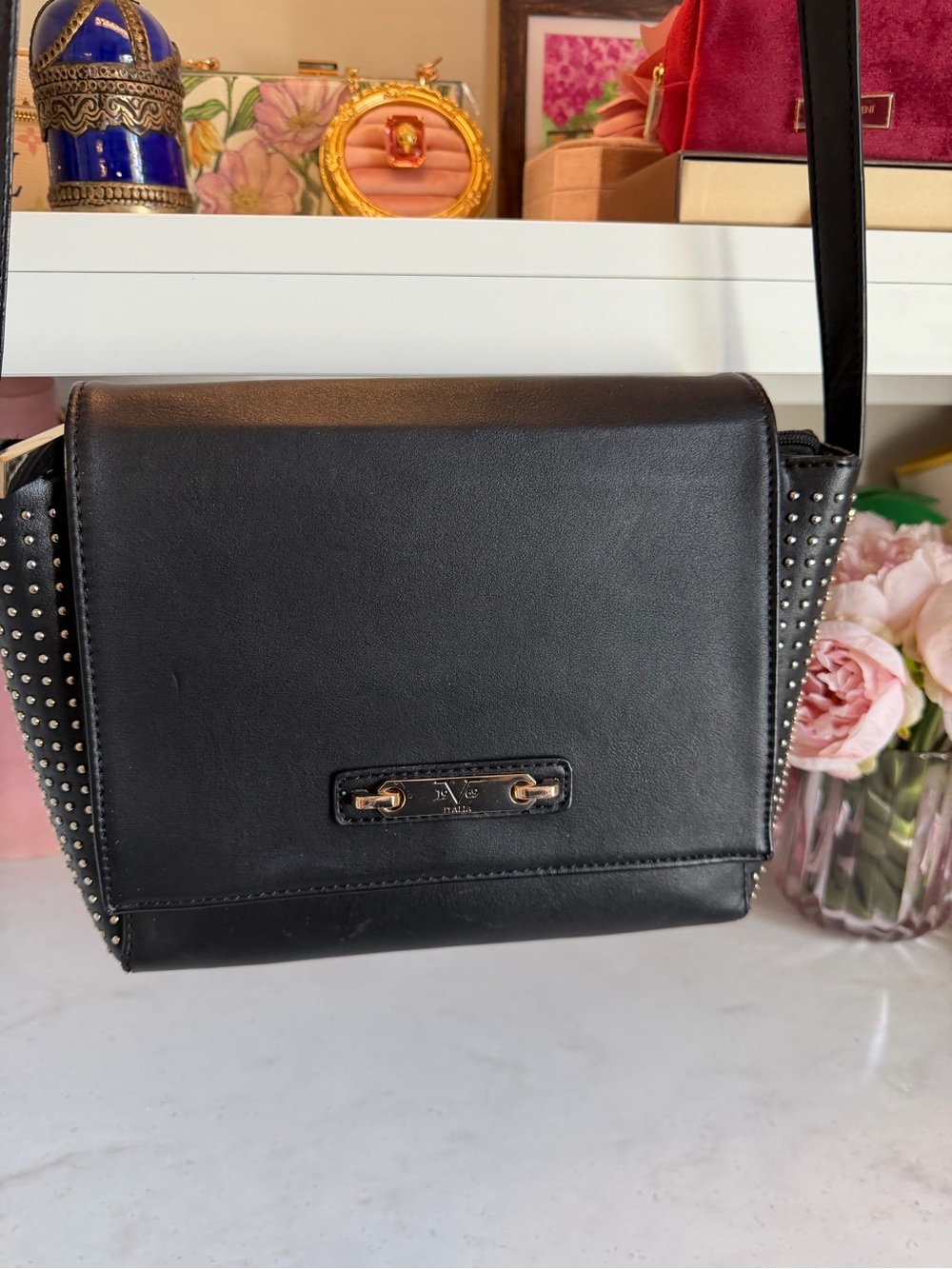 Versace Jeans Collection Black vegan Crossbody with Gold studded Hardware